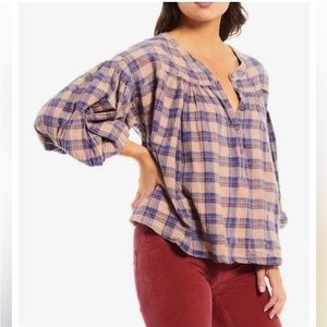 FREE PEOPLE JESSI PLAID CROPPED PEASANT TOP BALOON SLEEVE BOXY BLOUSE PI…